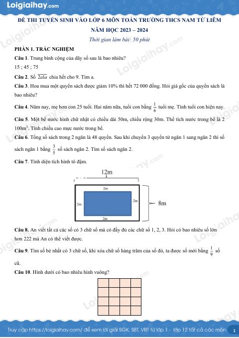 Đề thi vào lớp 6 môn Toán trường THCS Nam Từ Liêm có đáp án